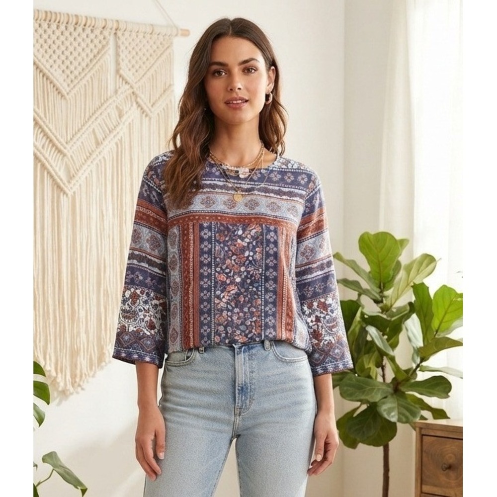 The Vermont Country Store Floral Paisley 3/4 Sleeve Boho Top Women's Large Tunic